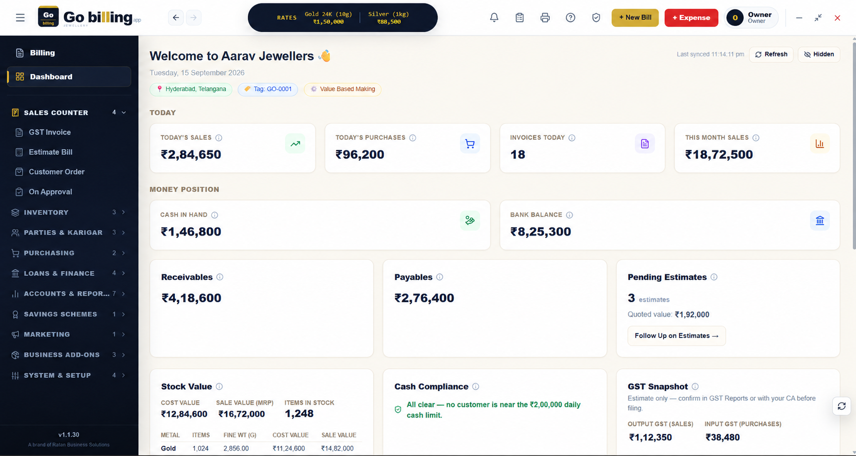 GoBilling owner dashboard with sales, purchases, cash, stock and GST information